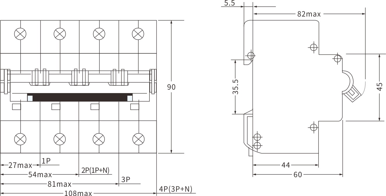 Interruptor magnetotérmico de gran corriente ETEK EKM1-125H Tamaño